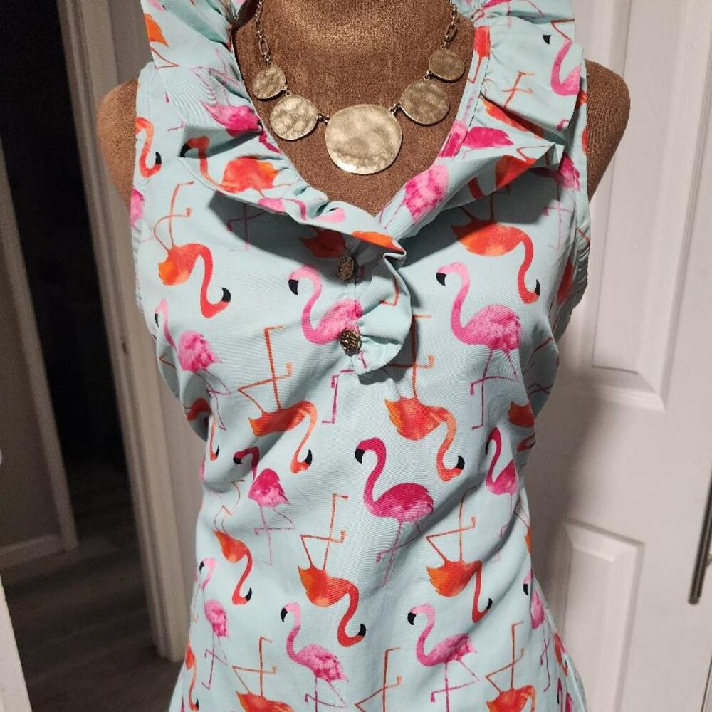 Mudpie Whitney Ruffle Collar Flamingo Print Tunic Blouse Sz XS